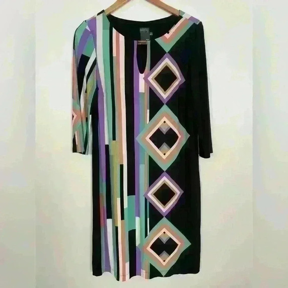 Gabby Skye Womens Midi Dress Long Sleeve Striped Print Colorful Size 10 keyhole - Picture 2 of 8